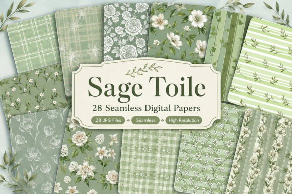 Download Sage Toile Digital Paper Pack, Vintage - Paper Collection