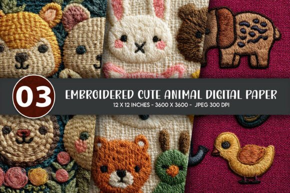 Download Embroidered Cute Animal Digital Paper - Paper Collection