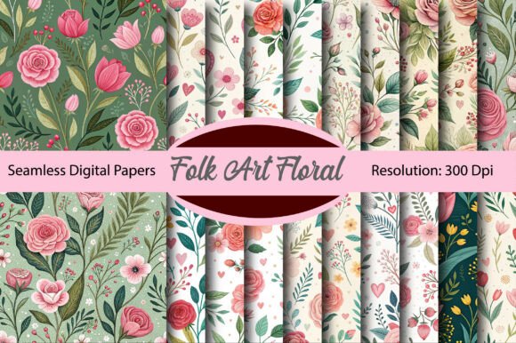 Download Folk Art Floral Valentine Digital Paper - Paper Collection