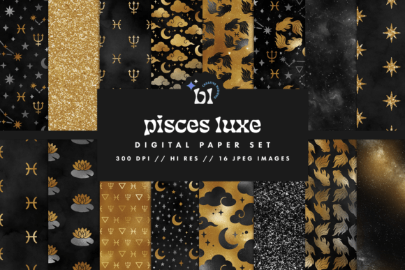 Download Black &amp; Gold Pisces Zodiac Digital Paper - Paper Collection