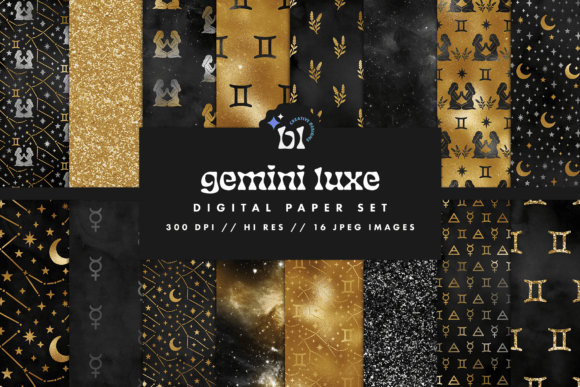 Download Black &amp; Gold Gemini Zodiac Digital Paper - Paper Collection