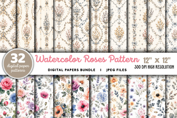 Download Watercolor Roses Pattern Paper Bundle - Paper Collection