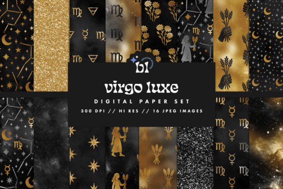 Download Black &amp; Gold Virgo Zodiac Digital Paper - Paper Collection