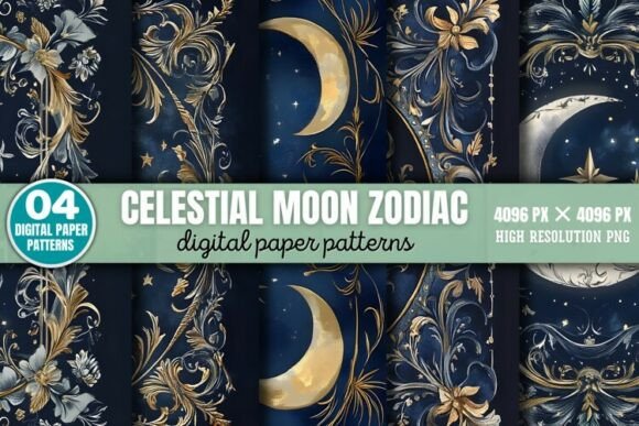 Download Celestial Moon Zodiac Digital Paper Back - Paper Collection