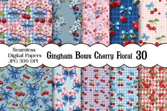 Download Gingham Bows Cherry Floral Paper Pattern - Paper Collection