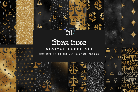 Download Black &amp; Gold Libra Zodiac Digital Paper - Paper Collection